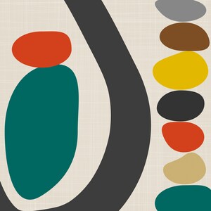 May include: A graphic print featuring a large teal oval and a smaller orange oval positioned to the left of a thick, curved charcoal line. To the right, a vertical stack of six rounded shapes in gray, brown, yellow, charcoal, orange, and beige.