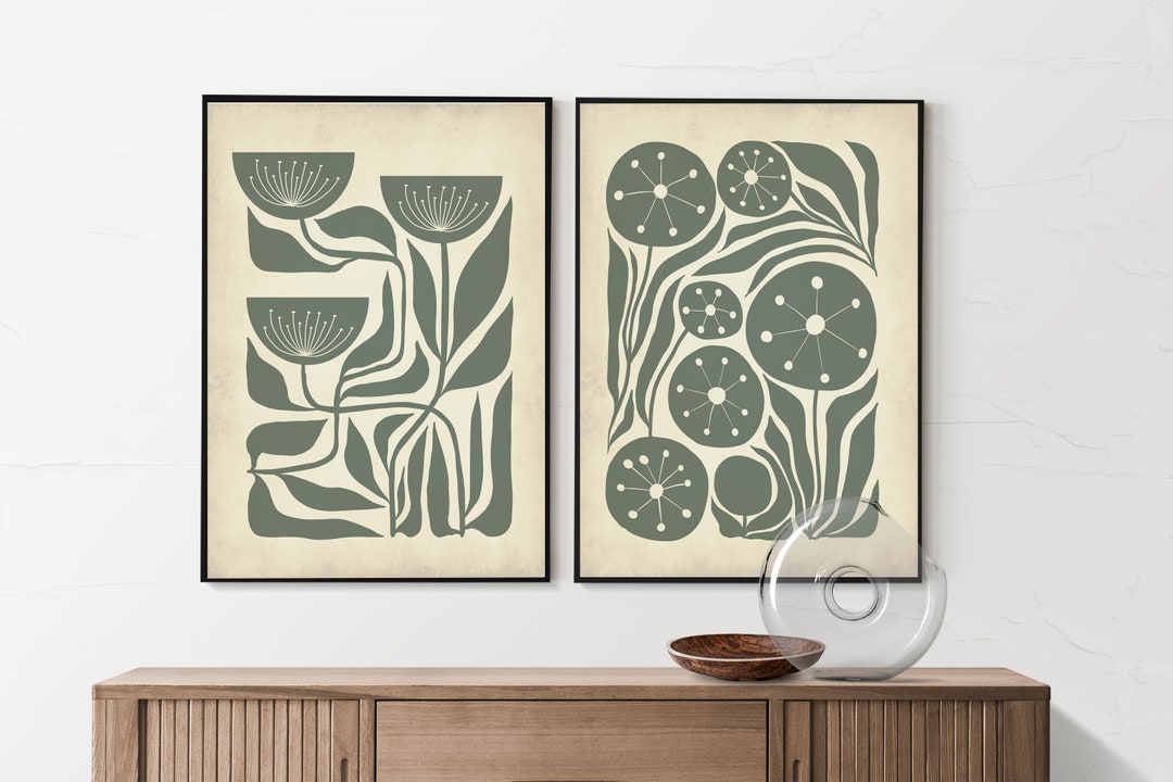 Sage Green Floral Wall Art, Green Botanical Wall Art, Mid Century