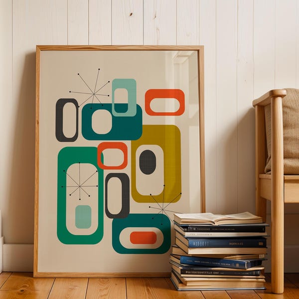 Impression d'art géométrique moderne du milieu du siècle, art mural rétro et art abstrait audacieux