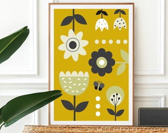 Scandi folk print, scandinavian wall art, scandi print, nordic print, mid century modern wall art, mid century print, retro wall art,