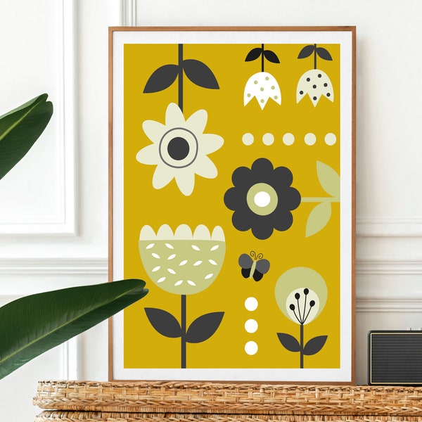 Scandi folk print, scandinavian wall art, scandi print, nordic print, mid century modern wall art, mid century print, retro wall art,