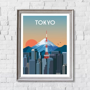 K&ouml;nnte beinhalten: Gerahmter Kunstdruck mit einer stilisierten Illustration von Tokio. Das Kunstwerk zeigt die Skyline von Tokio mit dem Tokyo Tower, dem Berg Fuji und einer untergehenden Sonne. Das Wort "TOKYO" ist oben aufgedruckt.
