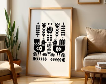 Nordic Folk Art Print: Scandinavian Black and White Wall Decor