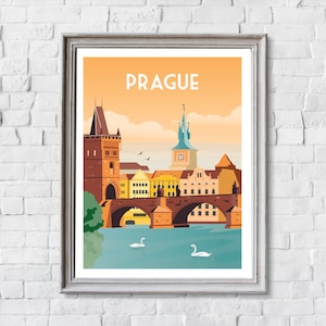 May include: A colorful illustration of Prague, Czech Republic, featuring a bridge with a tower and swans in the water. The text "PRAGUE" is at the top of the image.