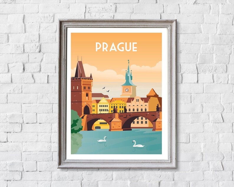 May include: A colorful illustration of Prague, Czech Republic, featuring a bridge with a tower and swans in the water. The text "PRAGUE" is at the top of the image.