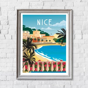 May include: A vintage travel poster with a colorful illustration of a seaside town with palm trees, a beach, and the word "NICE" in large, bold letters.