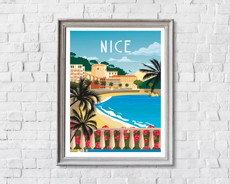 May include: A vintage travel poster with a colorful illustration of a seaside town with palm trees, a beach, and the word "NICE" in large, bold letters.