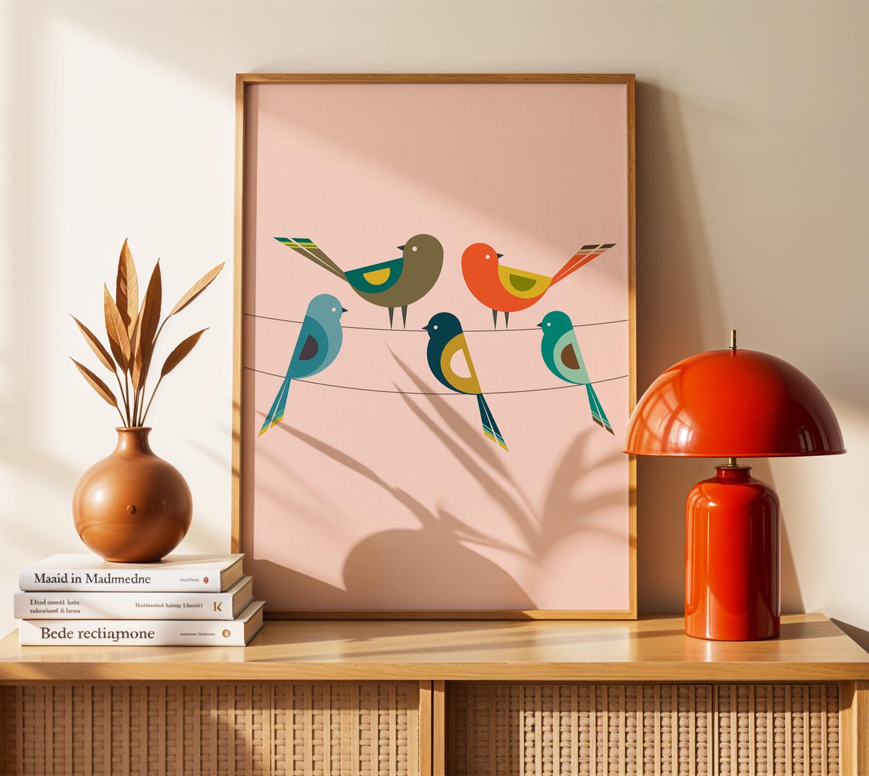Birds on a Wire Print, Scandinavian Bird Wall Art, Bird Folk Art