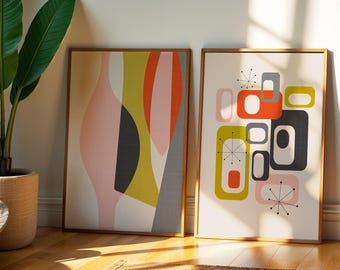 Mid Century Modern Geometric Wall Art Print, abstract pink print, retro bold graphic poster