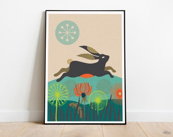 Mid-century Modern Rabbit Print, Modern Bold Colorful Animal Decor ...