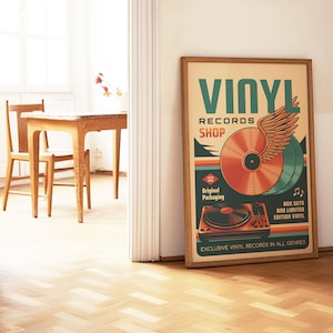 May include: A vintage-style poster advertising a vinyl record shop. The poster features a colorful illustration of a record player, a record, and a winged design. The text on the poster reads "Vinyl Records Shop", "Original Packaging", "Box Sets and Limited Edition Vinyl", and "Exclusive Vinyl Records in All Genres".