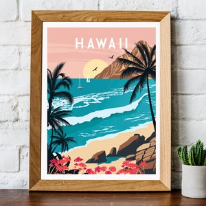 Retro Hawaii travel print, retro Hawaii poster, Hawaii print, Hawaii wall art, travel wall art, retro wall art, Hawaii poster