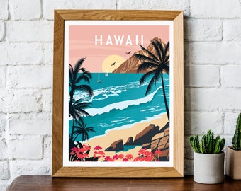 Retro Hawaii travel print, retro Hawaii poster, Hawaii print, Hawaii wall art, travel wall art, retro wall art, Hawaii poster