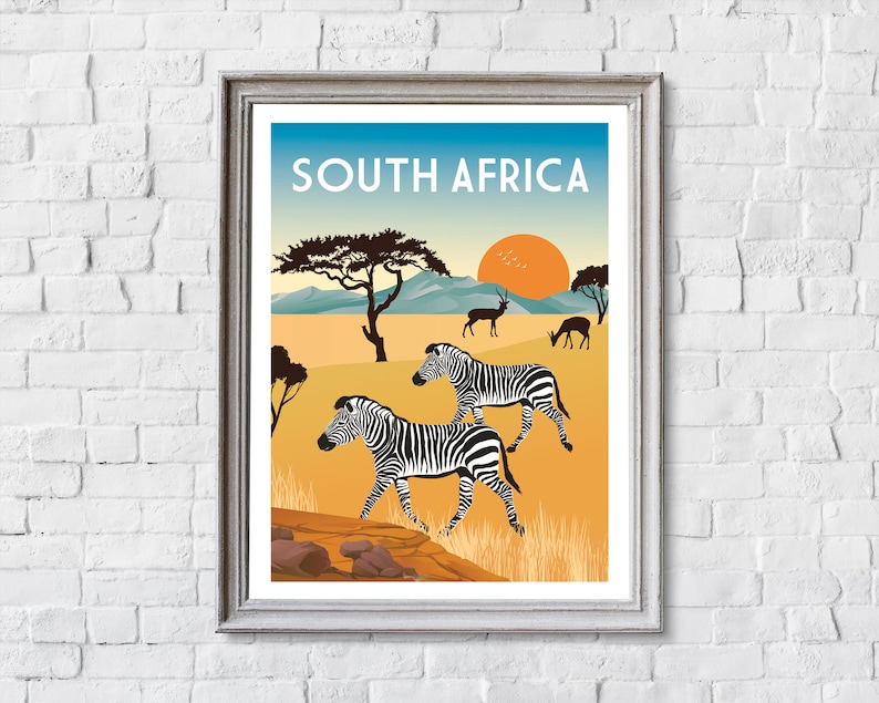 May include: A vintage travel poster with a sunset scene featuring zebras and antelopes in a savanna landscape. The poster has the text "SOUTH AFRICA" in white letters on a blue background.