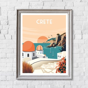 May include: A retro travel poster with a sunset view of a white village in Crete, Greece. The poster features a blue ocean, orange domed buildings, and the text "CRETE" in white.