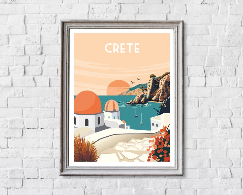 May include: A retro travel poster with a sunset view of a white village in Crete, Greece. The poster features a blue ocean, orange domed buildings, and the text "CRETE" in white.