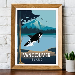 May include: A framed poster with a blue, green, and white illustration of a killer whale jumping out of the water. The poster says "Vancouver Island" in white text at the bottom.