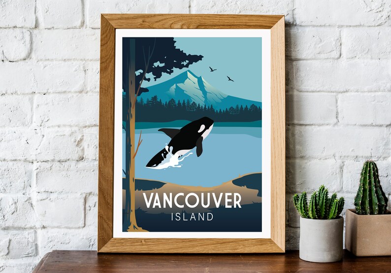 May include: A framed poster with a blue, green, and white illustration of a killer whale jumping out of the water. The poster says "Vancouver Island" in white text at the bottom.