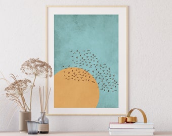 Boho Sun and Birds Print: Scandinavian Japandi Wall Art