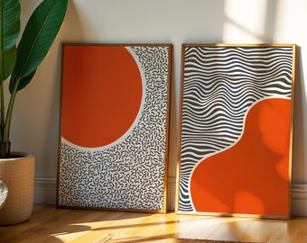 Orange Abstract Art Prints: Mid-Century Modern Bauhaus Set