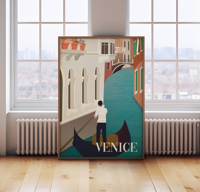 Retro Venice Travel Poster: Flat Design Wall Art image 1