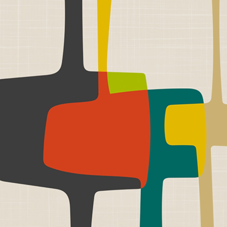 May include: A graphic print featuring overlapping abstract shapes in charcoal gray, bright orange, lime green, mustard yellow, and beige. The composition consists of vertical and horizontal forms with rounded edges set against a light beige background.