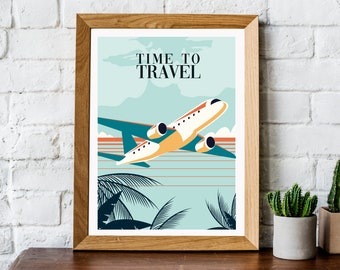 Time to travel print, Retro travel print, retro travel poster, travel wall art, retro wall art, vintage travel poster, vintage travel print,