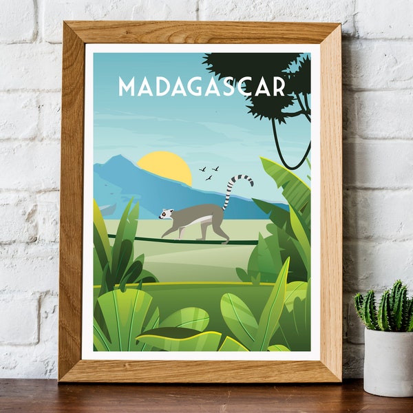 Madagaskar print, Madagascar reizen poster, Madagascar kunst aan de muur, Madagaskar reizen print, Lemur print, retro reizen afdrukken, reizen kunst aan de muur,