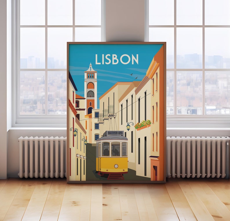 May include: A vintage travel poster featuring a yellow tram traveling through a narrow street in Lisbon, Portugal. The poster has a blue sky with white clouds and the word "LISBON" in large, bold letters at the top.