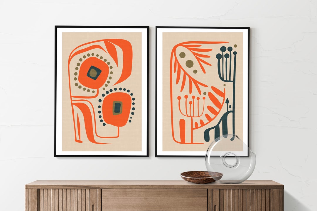 Mid Century Modern Print Set: Abstract Orange Geometric Wall Art - Etsy