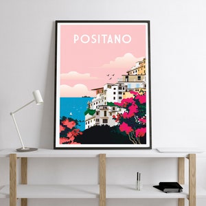 May include: A colorful illustration of Positano, Italy, with white buildings on a cliffside overlooking a blue sea. The sky is pink with clouds and there are pink flowers in the foreground.