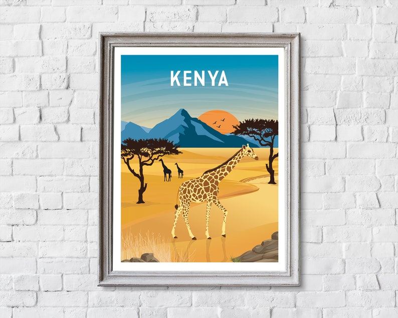 Kenya travel poster, retro Kenya travel print, Kenya wall art, Kenya retro travel poster, Safari poster, safari travel print,safari wall art image 2