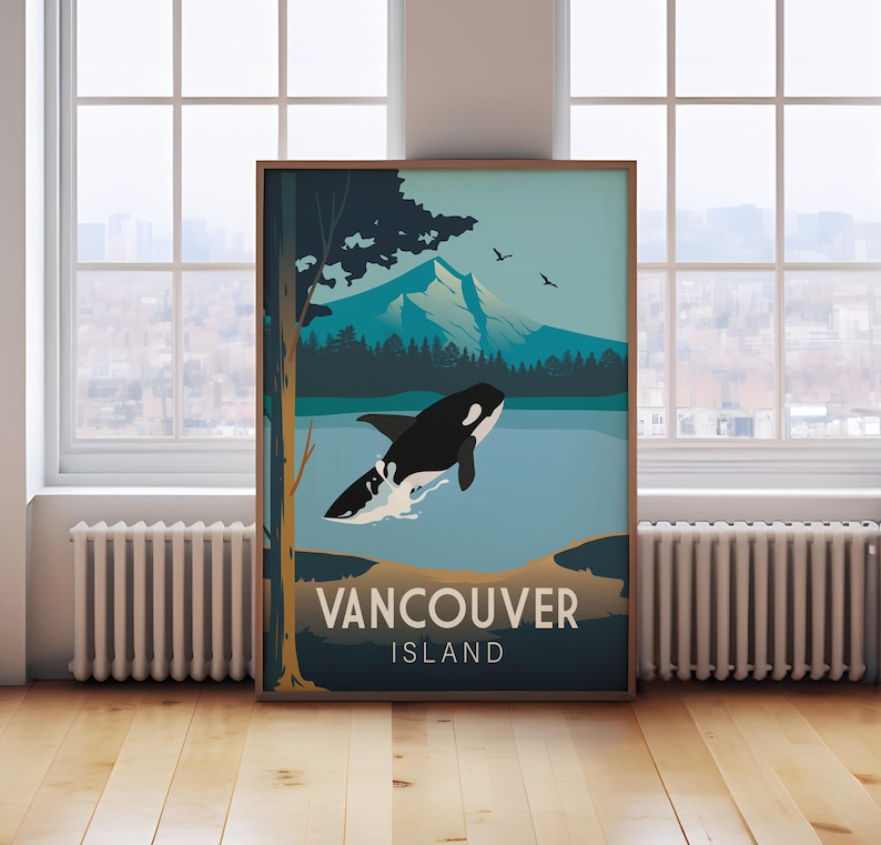 May include: A vintage-style travel poster featuring a black and white orca whale jumping out of the water. The poster has a blue background with a mountain range in the distance and the text "Vancouver Island" at the bottom.