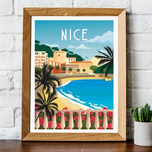 May include: A colorful illustration of a seaside town with palm trees, buildings, and a beach. The text "NICE" is printed in large letters at the top of the image.