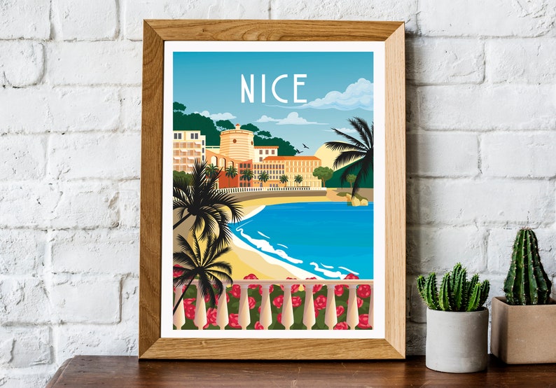 May include: A colorful illustration of a seaside town with palm trees, buildings, and a beach. The text "NICE" is printed in large letters at the top of the image.