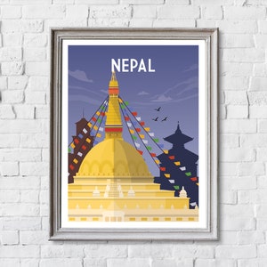 May include: A colourful illustration of a Nepalese temple with a golden dome and prayer flags. The text "NEPAL" is at the top of the image.