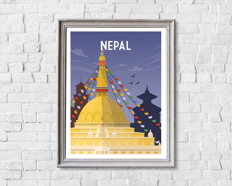 May include: A colourful illustration of a Nepalese temple with a golden dome and prayer flags. The text "NEPAL" is at the top of the image.