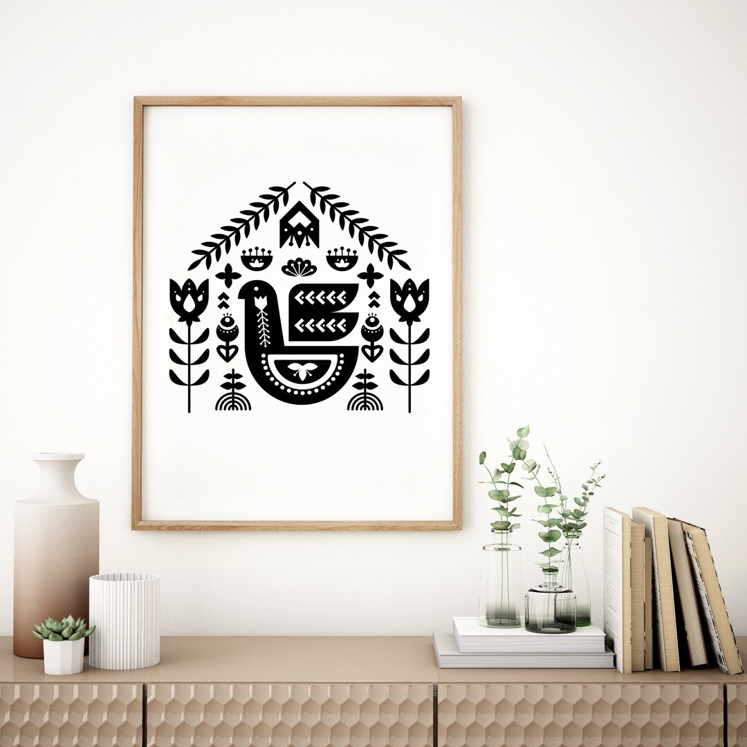 Nordic Folk Art Print: Scandinavian Black and White Wall Decor - Etsy