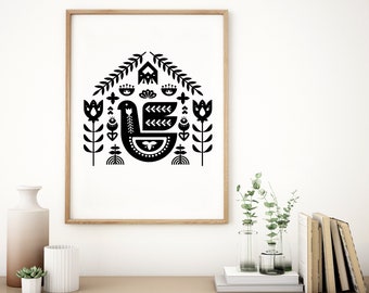 Nordic Folk Art Print: Scandinavian Black and White Wall Decor