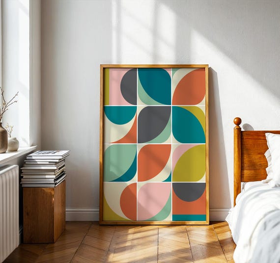 Mid Century Modern Geometric Wall Art Print, Bright Abstract Block
