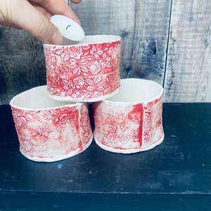Red Rose Patterned Porcelain Tea Light Holder. Handmade Ceramic image 1