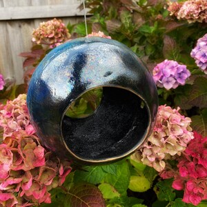 Large Ceramic Bird Feeder, Handmade Garden Orb, Home Gardening Ideas Garden Sculpture Copper Glaze Blue and Bronze Hanging Bird Feeder image 3
