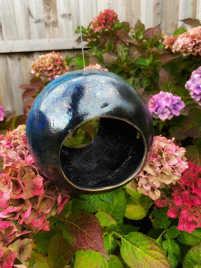 Large Ceramic Bird Feeder, Handmade Garden Orb, Home Gardening Ideas Garden Sculpture Copper Glaze Blue and Bronze Hanging Bird Feeder image 3