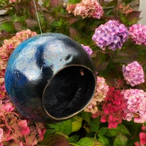 Large Ceramic Bird Feeder, Handmade Garden Orb, Home Gardening Ideas Garden Sculpture Copper Glaze Blue and Bronze Hanging Bird Feeder image 7