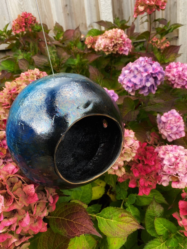 Large Ceramic Bird Feeder, Handmade Garden Orb, Home Gardening Ideas Garden Sculpture Copper Glaze Blue and Bronze Hanging Bird Feeder image 7