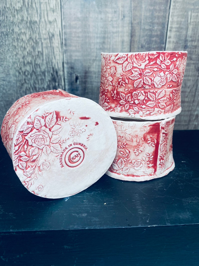 Red Rose Patterned Porcelain Tea Light Holder. Handmade Ceramic image 9