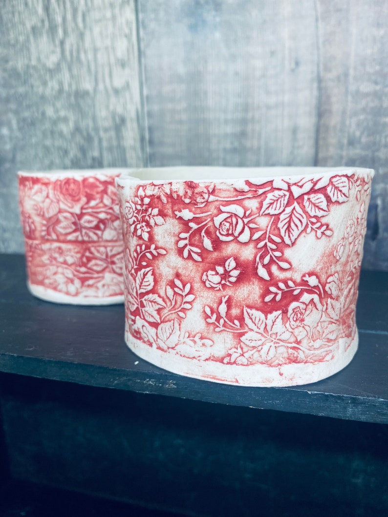 Red Rose Patterned Porcelain Tea Light Holder. Handmade Ceramic image 3