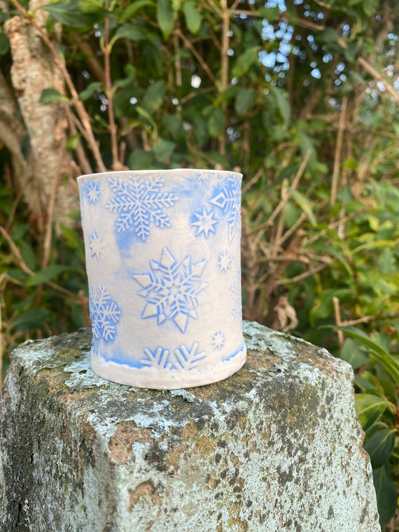 Snowflake Tea Light Holder. Blue. Handmade. Porcelain. Winter