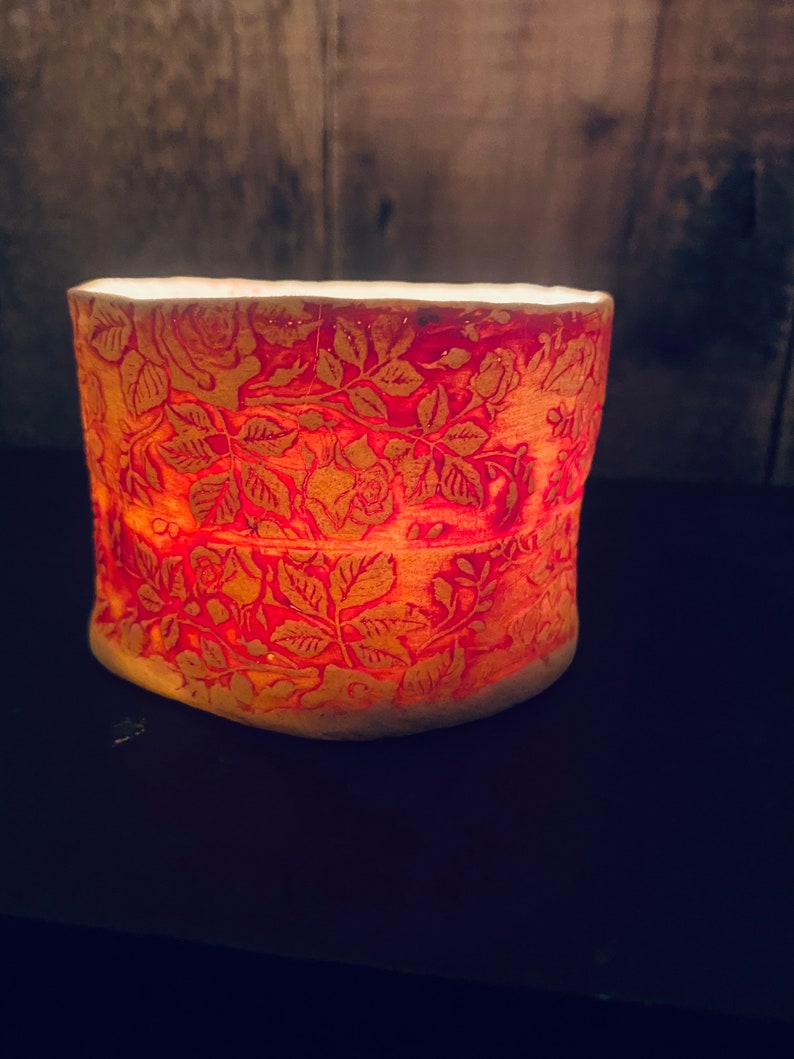 Red Rose Patterned Porcelain Tea Light Holder. Handmade Ceramic image 8