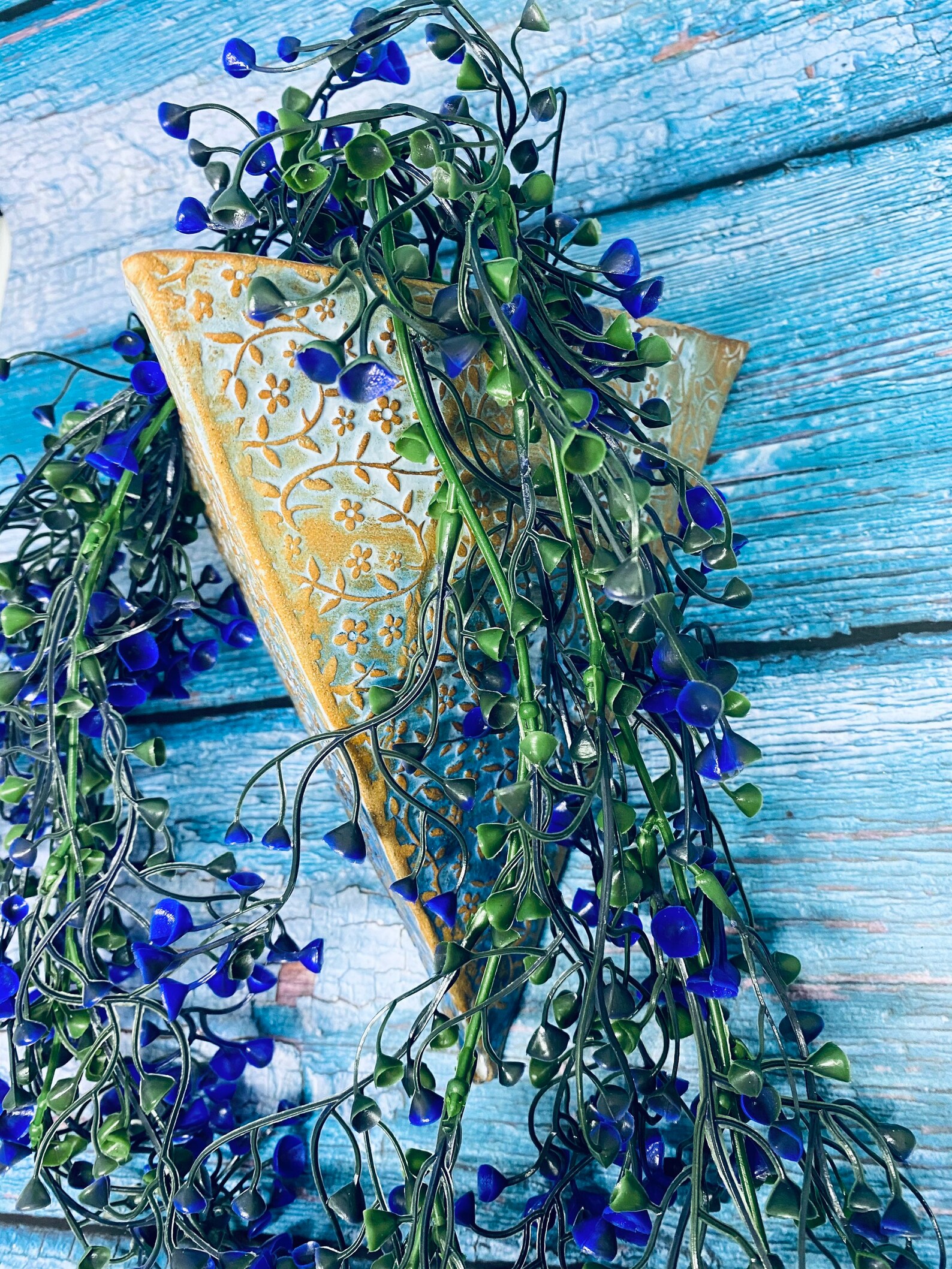 Wall Hanging Planter. Triangular. Blue. White. Handmade Etsy